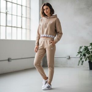 Adidas Originals Trefoil Cropped Hoodie sweatshirt in a beige/tan color